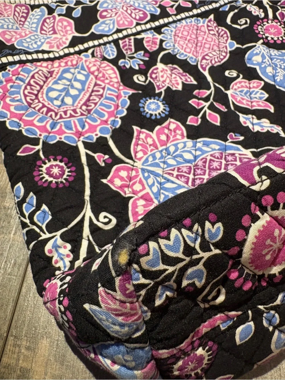 Vera Bradley Black Quilted Floral Tote with Pink & Light Blue